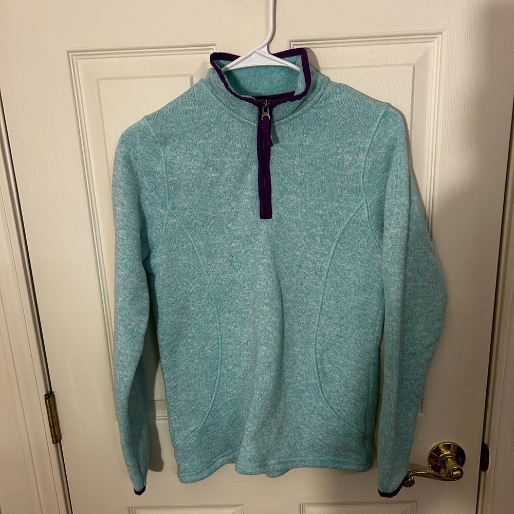 Land's End light blue quarter zip sweater with purple lining